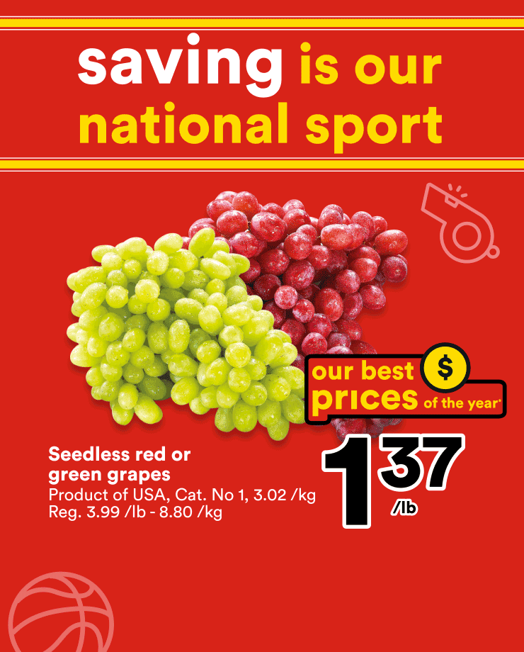 Promotion on red and green grapes at $1.37/lb, ground beef at $4.97/lb, and Selection white eggs at $2.87.
