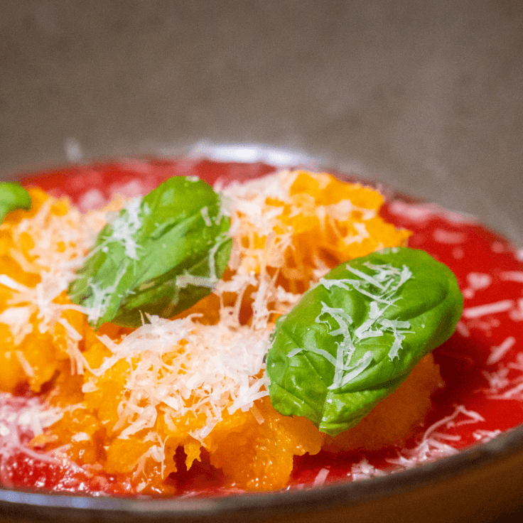 spaghetti-style butternut squash with tomato and basil sauce